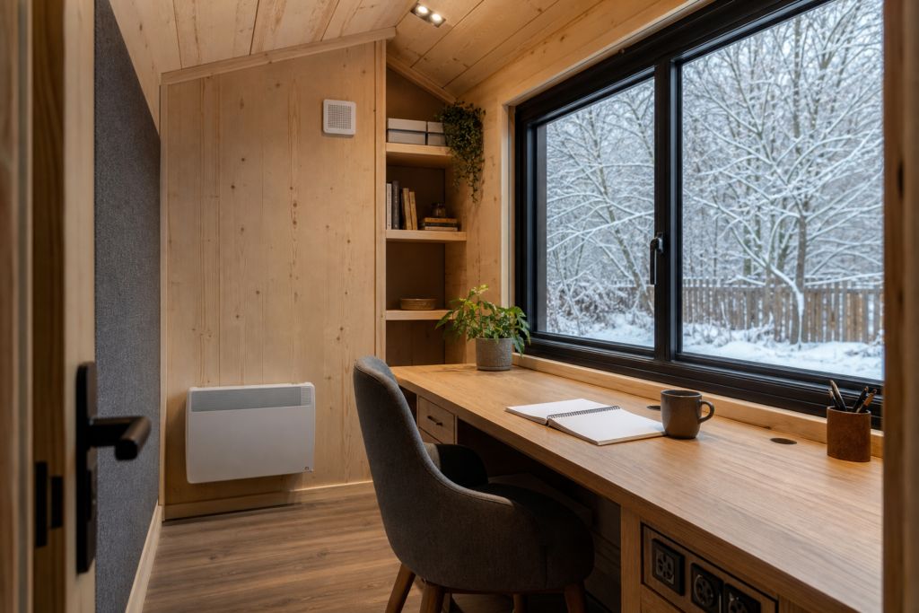 Warm, neatly finished garden office interior with a desk, heater, ventilation grille and practical power sockets.