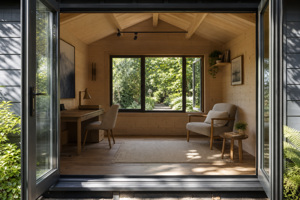 Bright summer house interior arranged as a sitting room and occasional workspace
