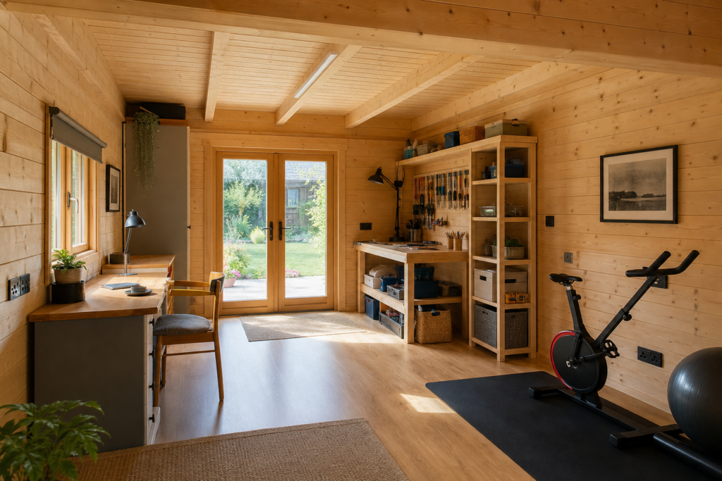 Garden log cabin interior arranged for work, hobbies and exercise