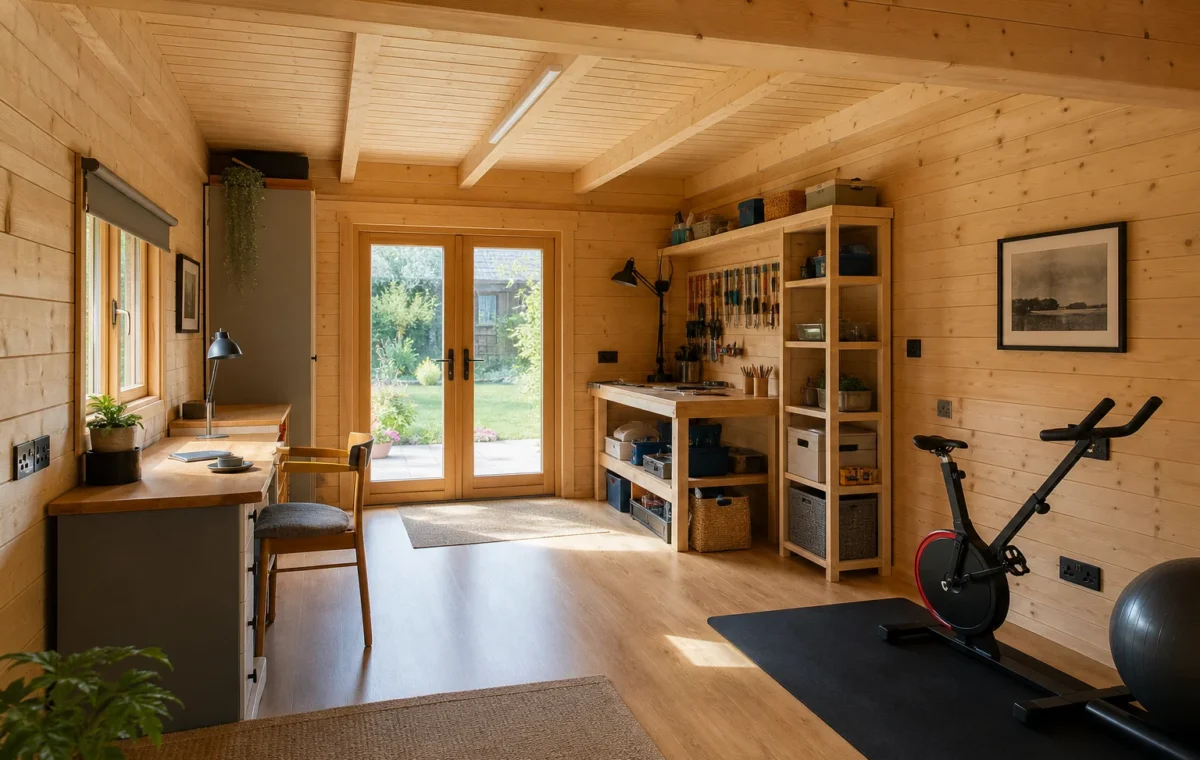 Garden log cabin interior arranged for work, hobbies and exercise