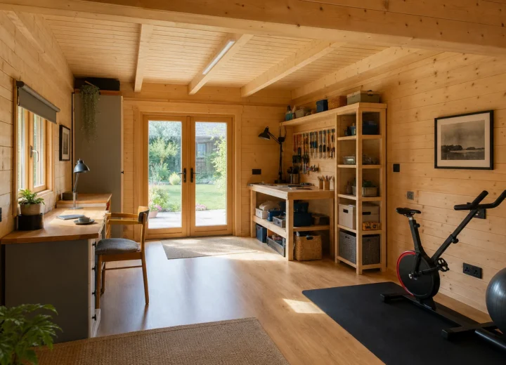 Garden log cabin interior arranged for work, hobbies and exercise