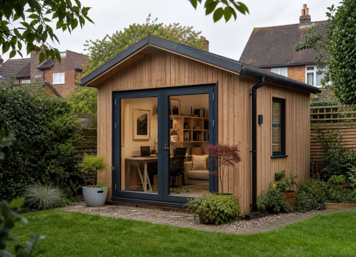Modern insulated timber garden room in a UK back garden with glazed doors and natural cladding.