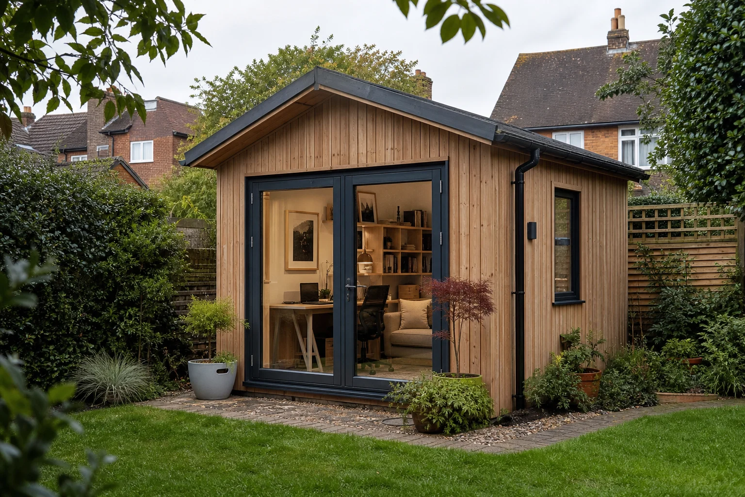 Modern insulated timber garden room in a UK back garden with glazed doors and natural cladding.