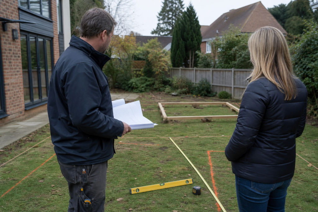 Homeowner and professional checking a summer house footprint and boundary distance