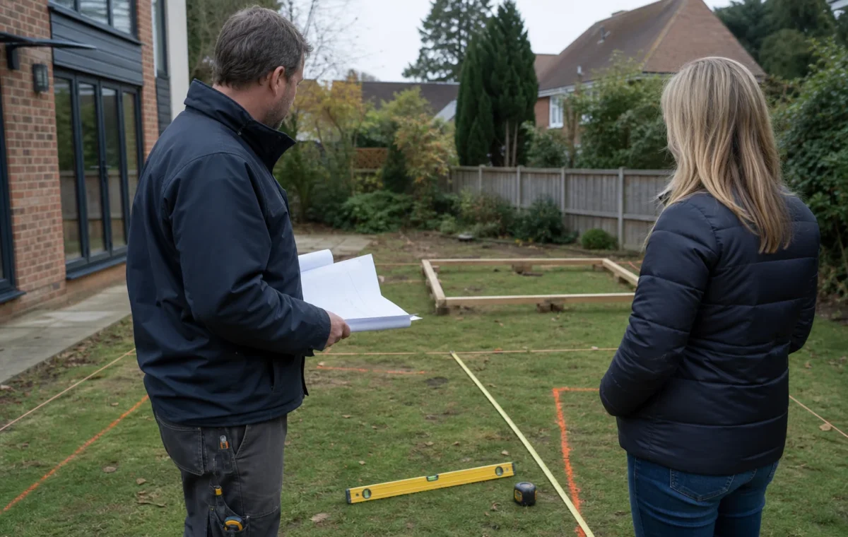 Homeowner and professional checking a summer house footprint and boundary distance
