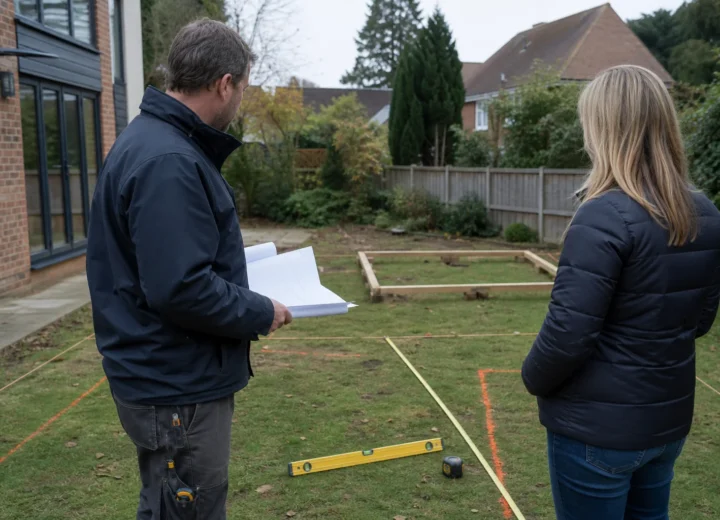 Homeowner and professional checking a summer house footprint and boundary distance