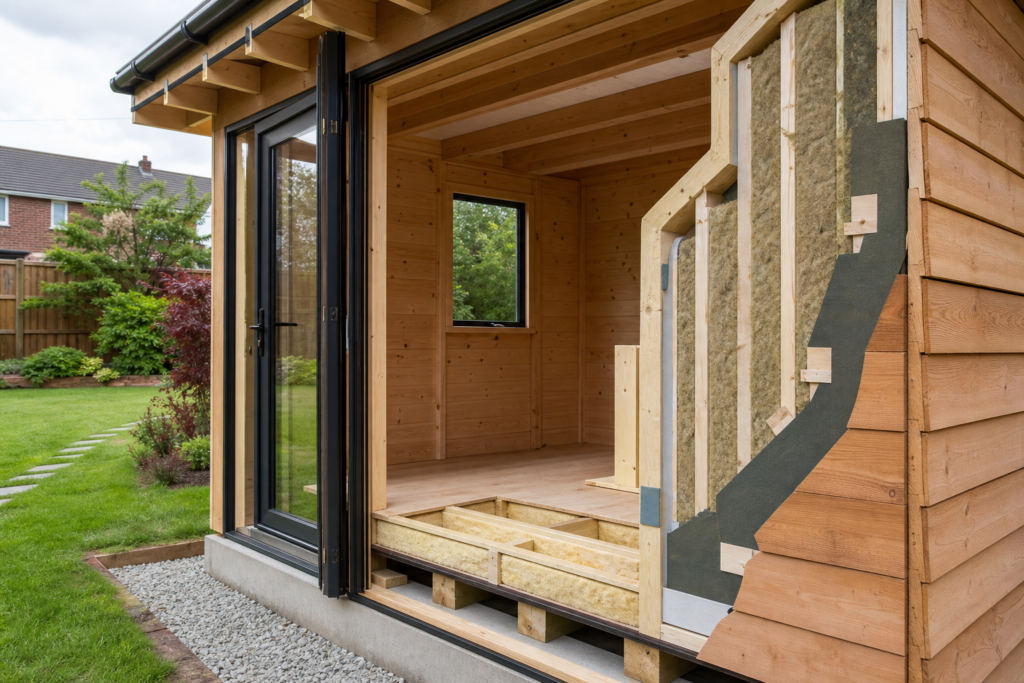 Timber summer house construction showing framing, insulation, glazing and base details