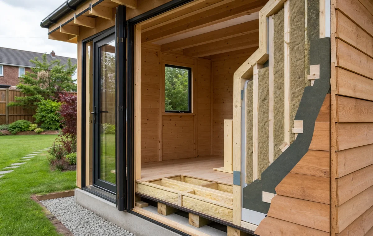 Timber summer house construction showing framing, insulation, glazing and base details