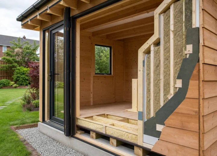Timber summer house construction showing framing, insulation, glazing and base details