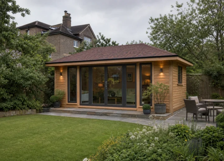 Timber summer house with glazed doors in a mature British back garden