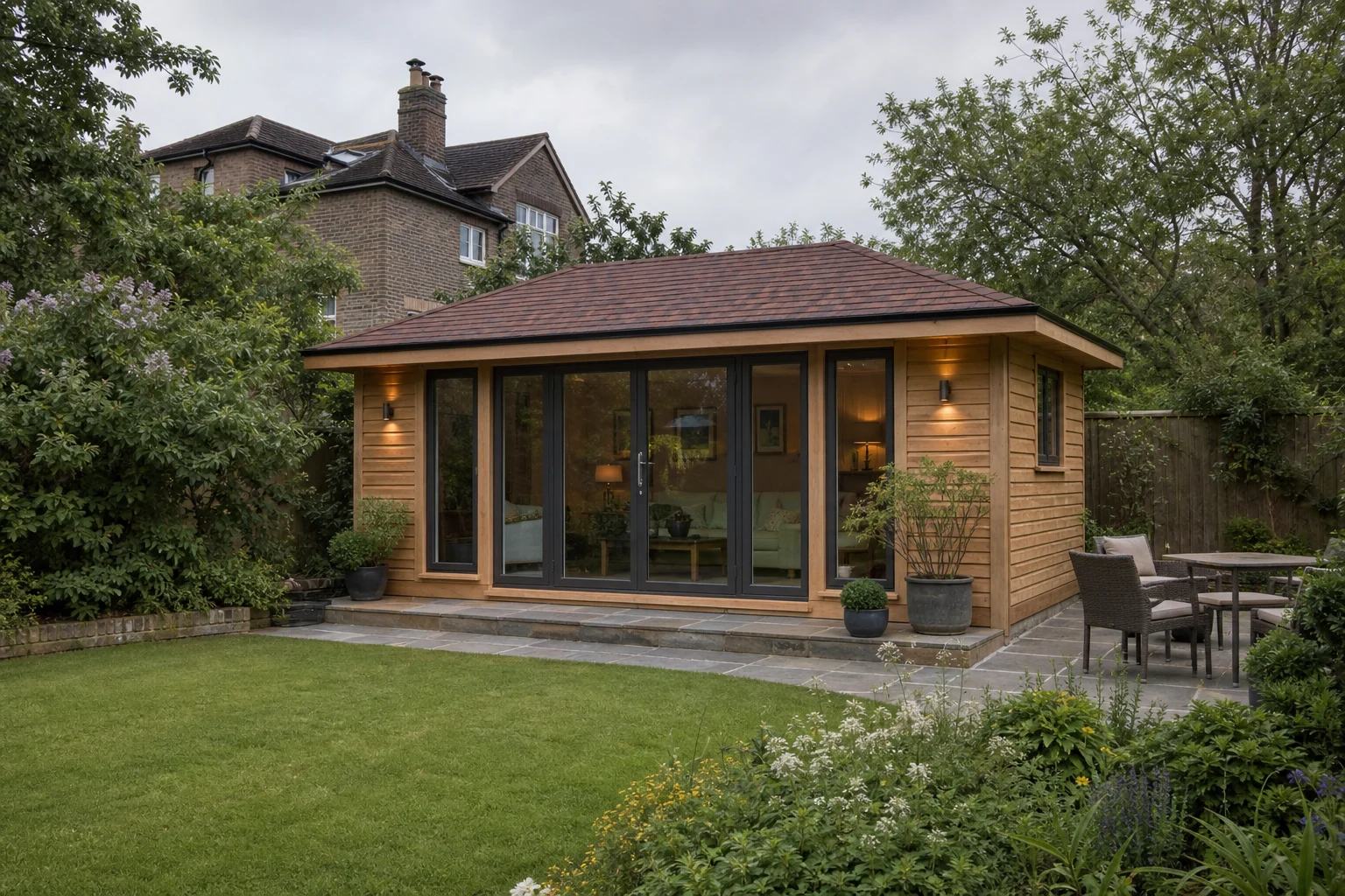 Timber summer house with glazed doors in a mature British back garden