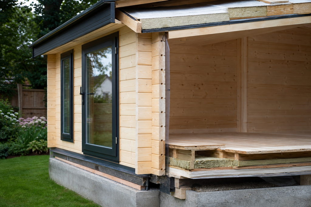 Close view of interlocking timber walls, insulation and base in a garden cabin
