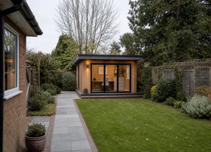 Modern insulated timber garden office at the end of a British back garden with a desk visible through its windows.