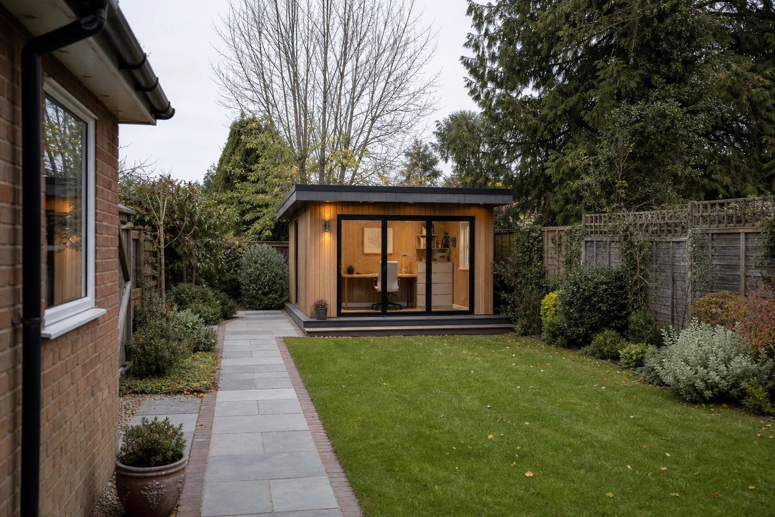 Modern insulated timber garden office at the end of a British back garden with a desk visible through its windows.