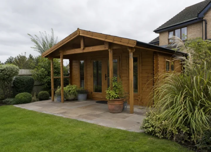Timber garden log cabin with double doors and patio in a mature UK garden