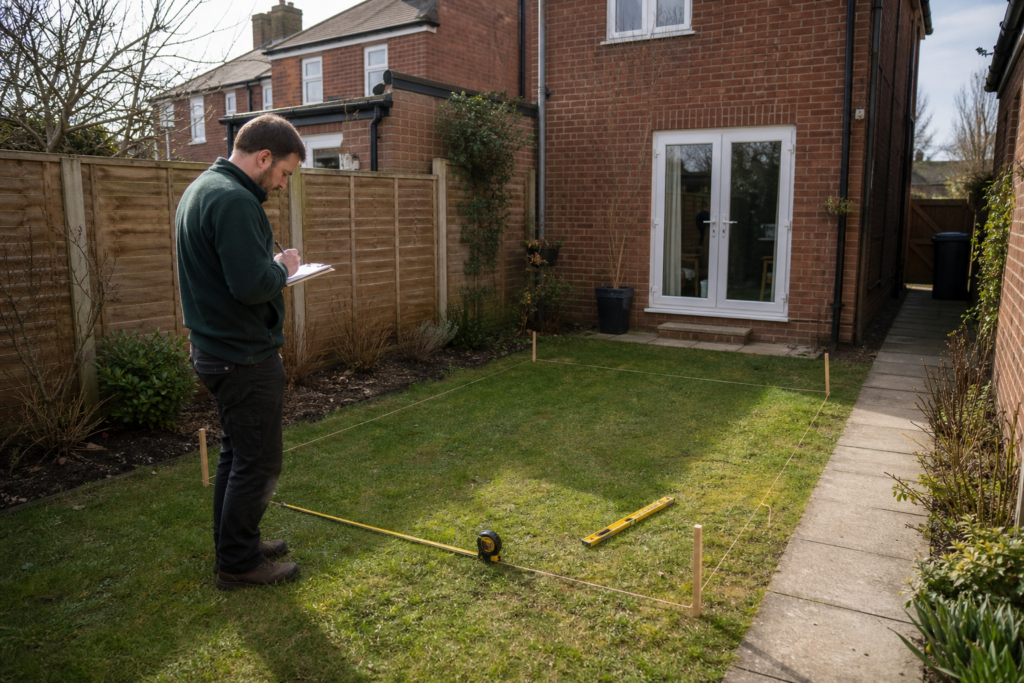 Garden being measured and assessed for a proposed timber log cabin