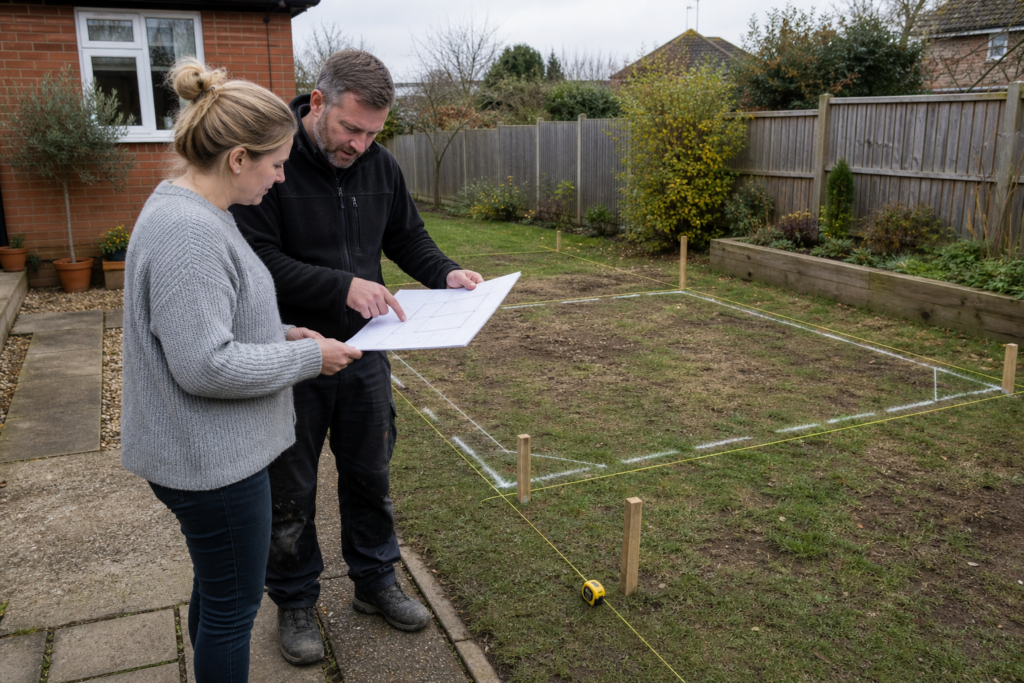 Homeowner and building professional marking out a proposed garden room position in a UK garden.