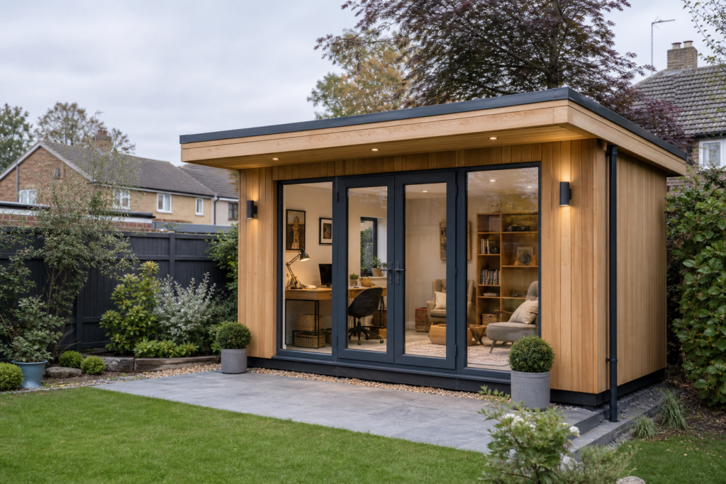 Insulated timber garden room in a UK back garden with glazed doors and natural planting